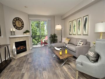 Petaluma apartment for rent - A living room with a grey couch and a fireplace.
