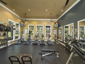 Riverside apartment for rent - A spacious gym with a variety of equipment and a view of trees outside the windows.