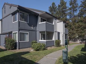 Rohnert Park apartment for rent - A grey apartment building with a green trash can in front.