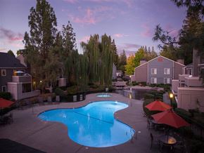 Sacramento apartment for rent - A swimming pool surrounded by trees and umbrellas.