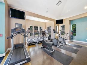 San Jose apartment for rent - A gym with treadmills, elliptical machines, and a television.