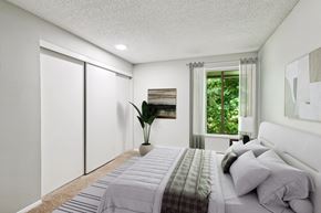 Vancouver apartment for rent - A bedroom with a bed, pillows, a plant, and a window with curtains.