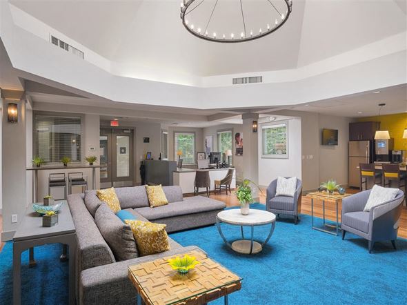 Beaverton apartment for rent - A living room with a grey couch and a blue carpet.