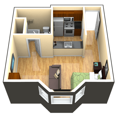 Floor plan for studio, 1 bath, 400 sqft