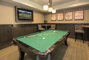 Monrovia apartment for rent - A pool table with a green cloth and a white ball in the middle.