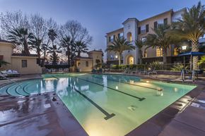 Concord apartment for rent - a large swimming pool with palm trees and apartments in the background