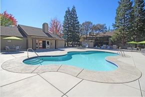 Cameron Park apartment for rent - A small pool in a backyard with a house and trees in the background.