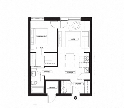 Floor plan for 1 bed, 1 bath, 650 sqft