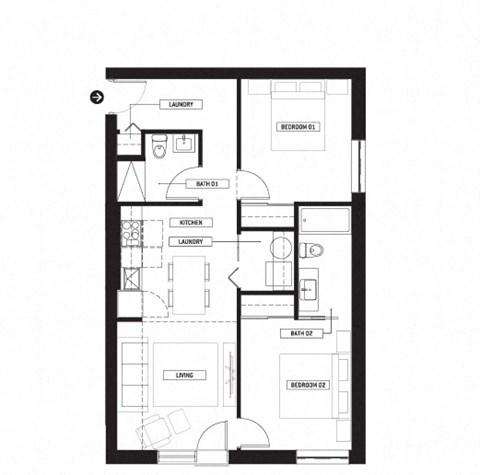 Floor plan for 2 beds, 2 baths, 970 sqft