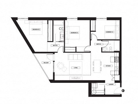 Floor plan for 3 beds, 2 baths, 1250 sqft