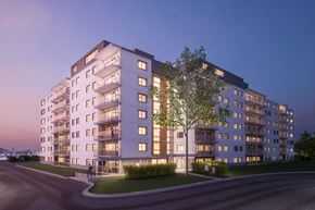 Winnipeg apartment for rent - A modern apartment building with a tree in front of it.