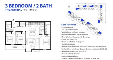 Floor plan for 3 beds, 2 baths, 1146 sqft