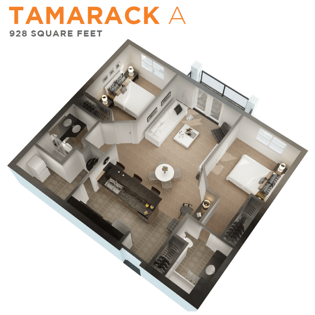 Floor plan for 2 beds, 2 baths, 928 sqft