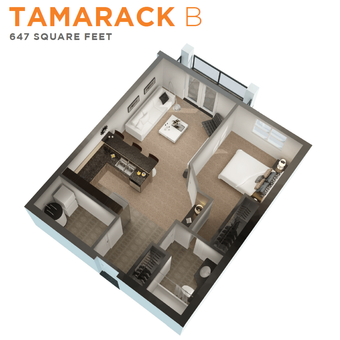 Floor plan for 1 bed, 1 bath, 647 sqft