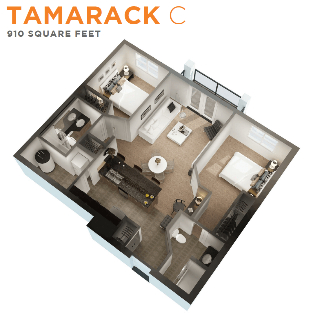 Floor plan for 2 beds, 2 baths, 910 sqft