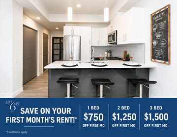 Winnipeg apartment for rent - A kitchen with a bar and a chalkboard menu on the wall.