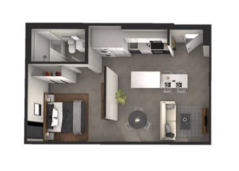 Floor plan for 1 bed, 1 bath, 640 sqft