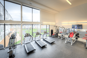 Winnipeg apartment for rent - a gym with cardio equipment and large windows