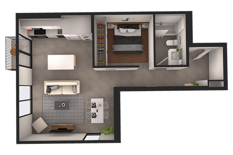 Floor plan for 1 bed, 1 bath, 681 sqft