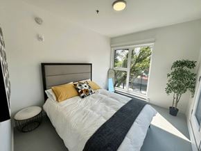 Winnipeg apartment for rent - A bedroom with a large bed and a window overlooking a tree.