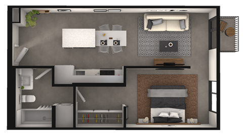 Floor plan for 1 bed, 1 bath, 640 sqft