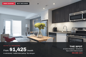 Winnipeg apartment for rent - A modern kitchen with a dining table and chairs is on display for lease.
