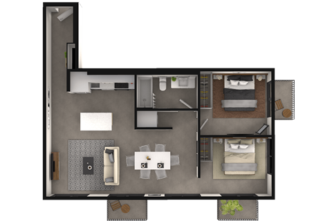 Floor plan for 2 beds, 1 bath, 876 sqft