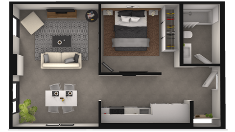 Floor plan for 1 bed, 1 bath, 619 sqft