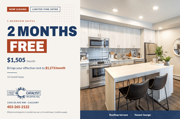 Calgary apartment for rent - A kitchen leasing offer with a free 2 months and a discounted rate of $1,505 per month.