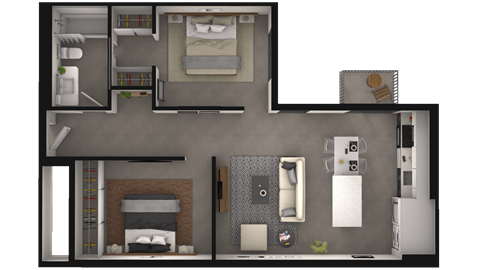Floor plan for 2 beds, 1 bath, 859 sqft