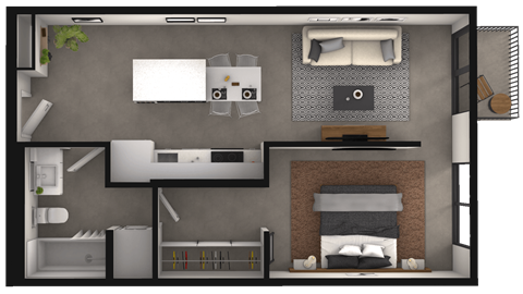 Floor plan for 1 bed, 1 bath, 622 sqft