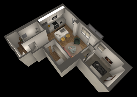 Floor plan for 1 bed, 1 bath, 625 sqft