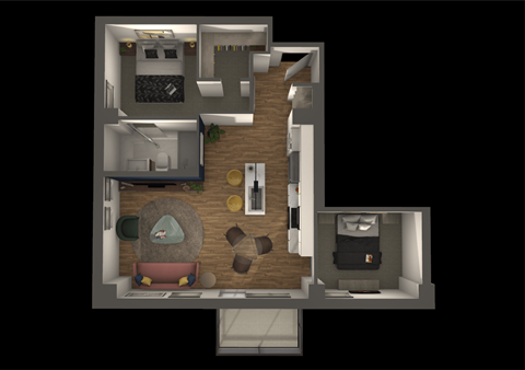 Floor plan for 1 bed, 1 bath, 728 sqft