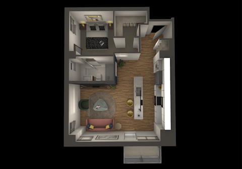 Floor plan for 1 bed, 1 bath, 631 sqft