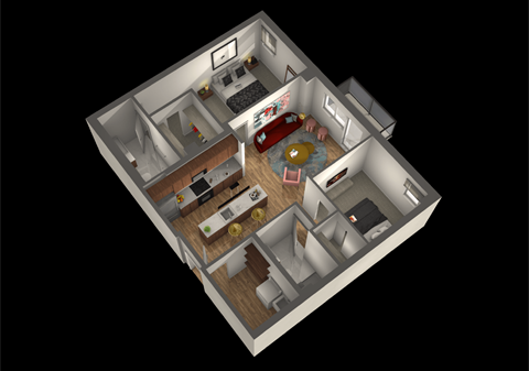 Floor plan for 2 beds, 2 baths, 877 sqft
