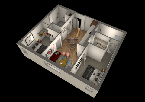 Floor plan for 2 beds, 2 baths, 877 sqft