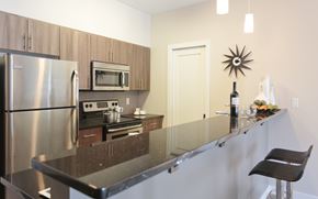 Winnipeg apartment for rent - A kitchen with a black counter top and stainless steel appliances.