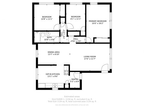 Floor plan for 3 beds, 1 bath, 1228 sqft