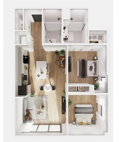 Floor plan for 2 beds, 2 baths, 983 sqft