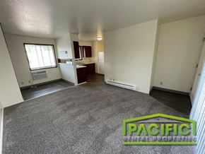 Medford apartment for rent - an empty living room with gray carpet and a kitchen