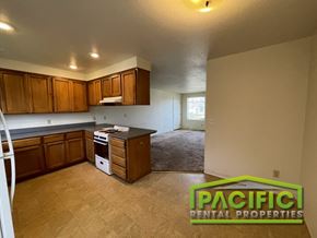 Medford apartment for rent - A kitchen with wooden cabinets and a dishwasher is shown in an empty room.