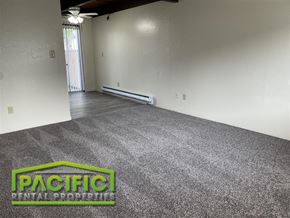 Medford apartment for rent - an empty living room with a carpet logo on the floor