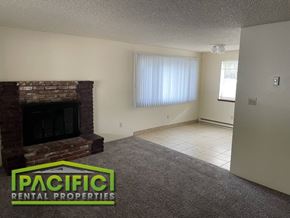 Ashland apartment for rent - a living room with a brick fireplace and a carpeted floor