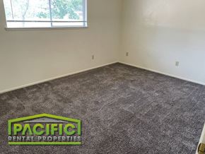 Ashland apartment for rent - A room with a grey carpet and a window with a view of trees.