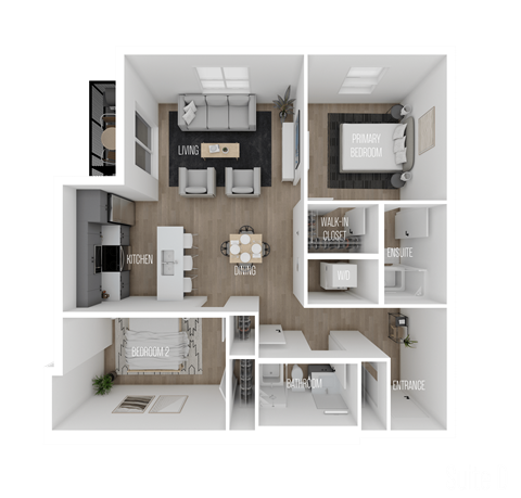 Floor plan for 2 beds, 2 baths, 938 sqft