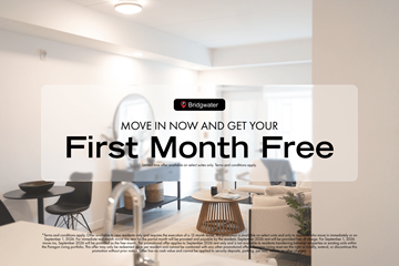 Winnipeg apartment for rent - A modern living room with a couch, chairs, and a coffee table is showcased in a promotional image for Bridgwater, offering a free first month for new movers.