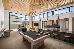 Coeur D'alene apartment for rent - A billiard table is in the middle of a room with a bar and a pool table.