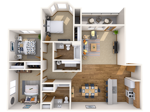 Floor plan for 3 beds, 2 baths, 1135 sqft
