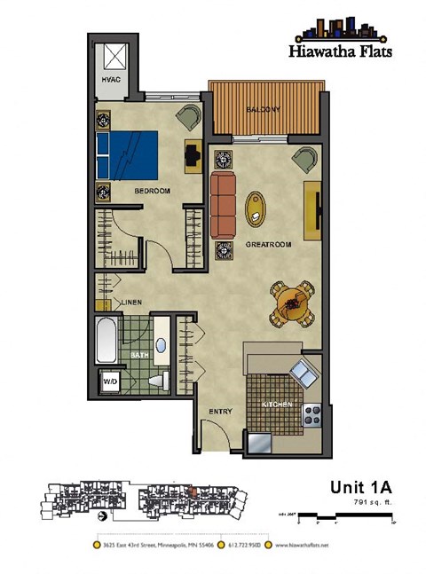 Floor plan for 1 bed, 1 bath, 791 sqft