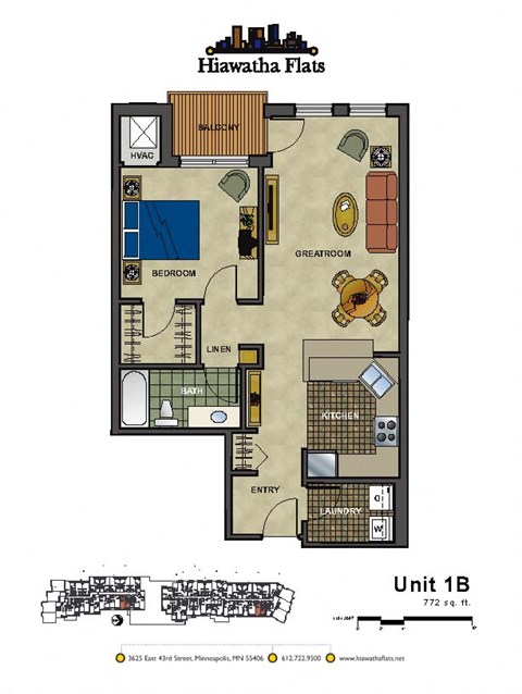 Floor plan for 1 bed, 1 bath, 772 sqft